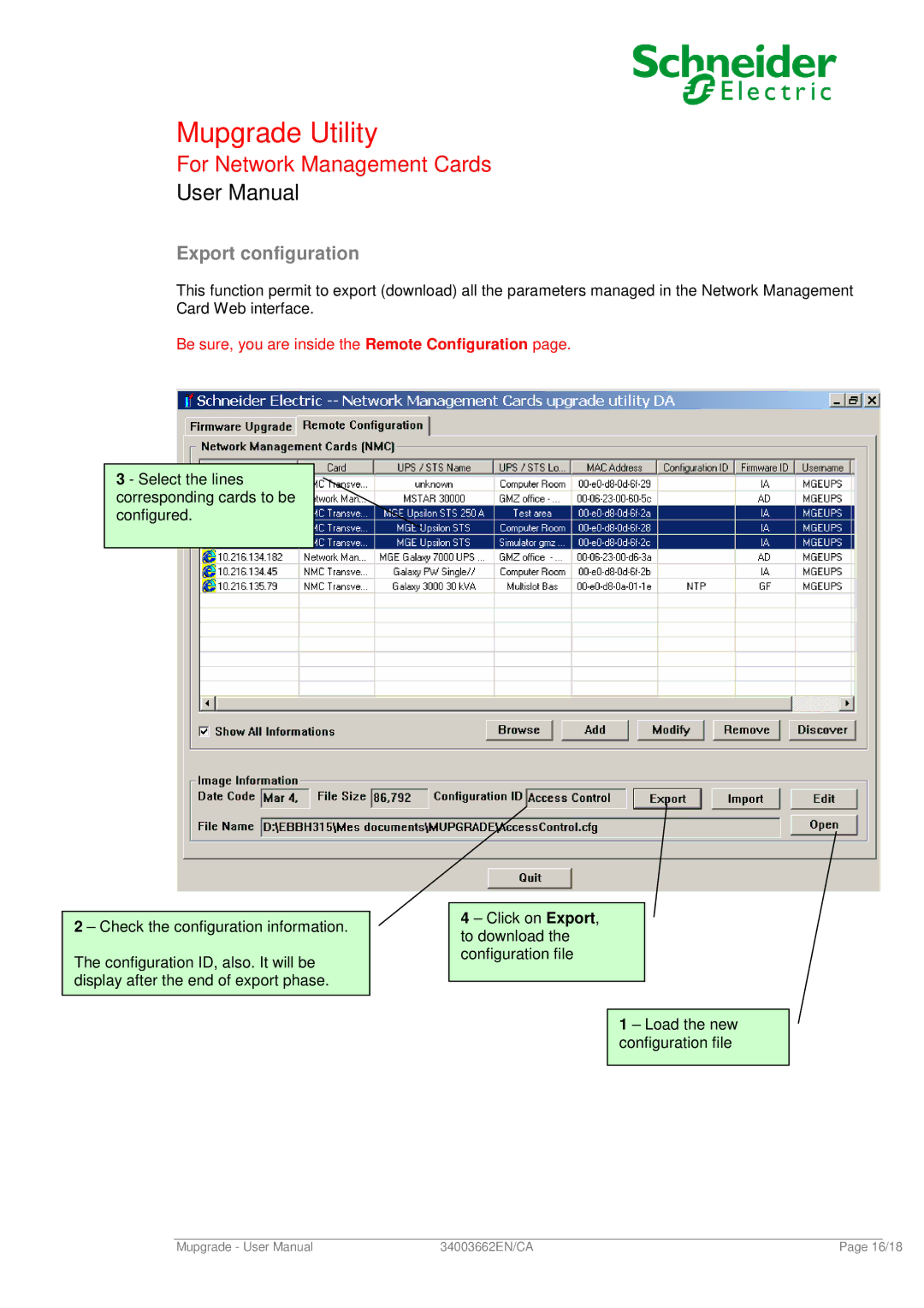 Schneider Electric 66074 user manual Export configuration, Be sure, you are inside the Remote Configuration 