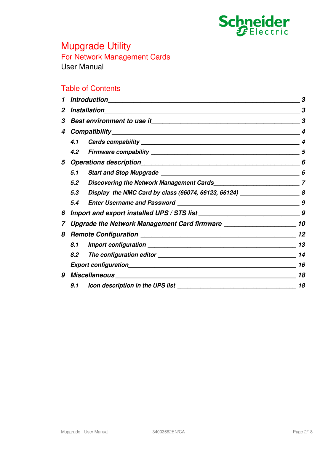 Schneider Electric 66074 user manual For Network Management Cards Table of Contents 