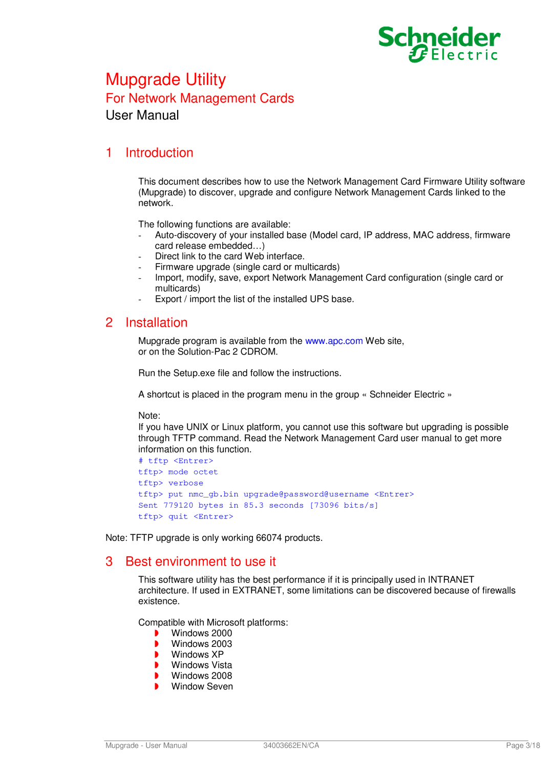 Schneider Electric 66074 user manual For Network Management Cards Introduction, Installation, Best environment to use it 