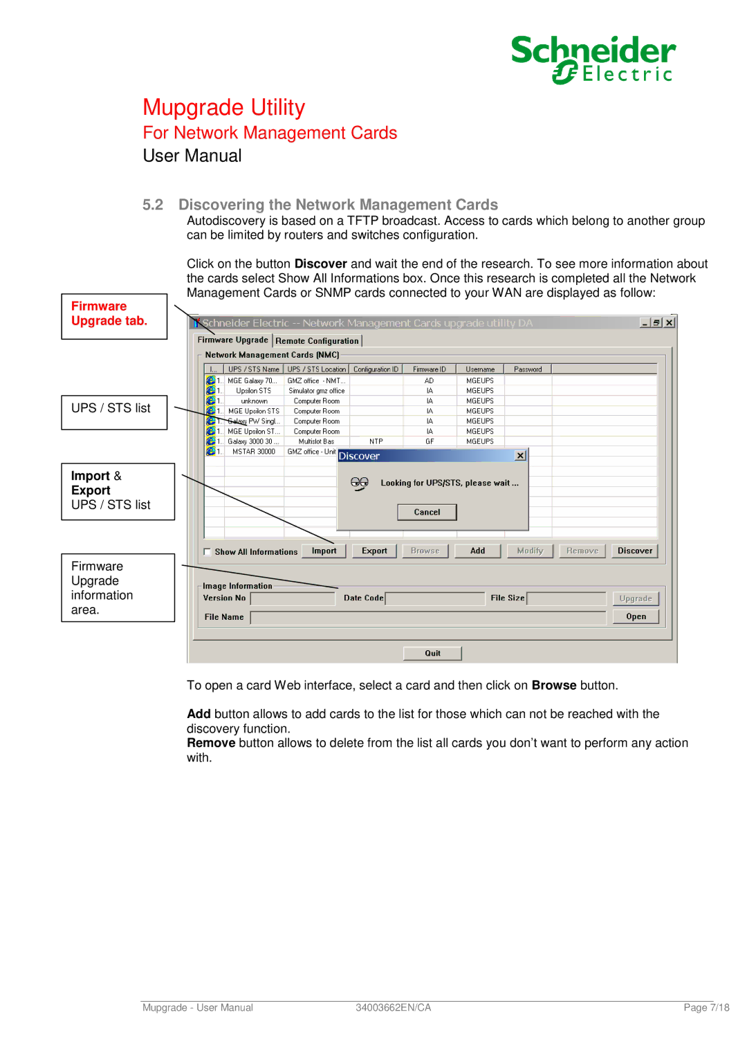 Schneider Electric 66074 user manual Discovering the Network Management Cards, Firmware Upgrade tab 