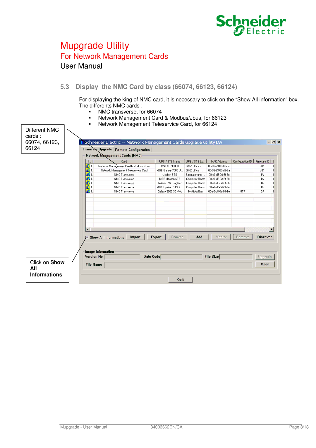 Schneider Electric user manual Display the NMC Card by class 66074, 66123 