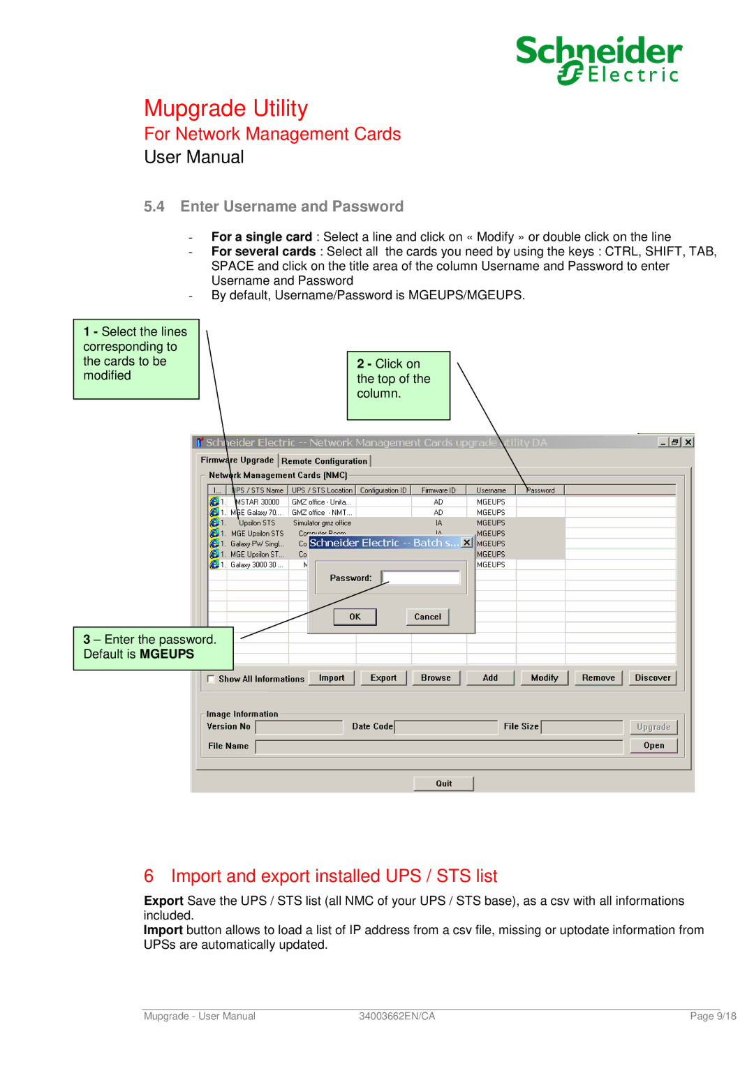 Schneider Electric 66074 user manual Import and export installed UPS / STS list, Enter Username and Password 