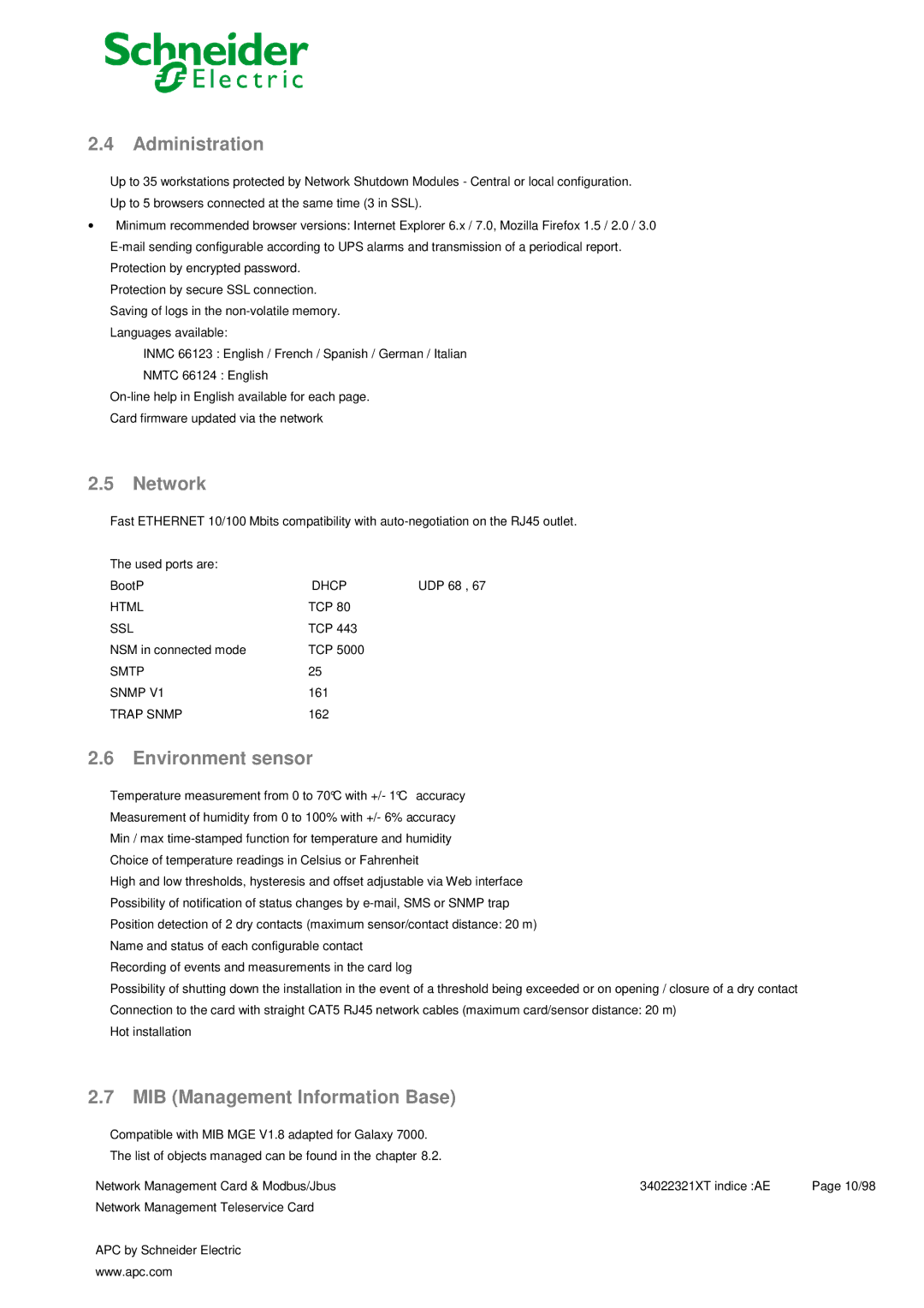 Schneider Electric 66124, 66123 user manual Administration, Network, Environment sensor, MIB Management Information Base 