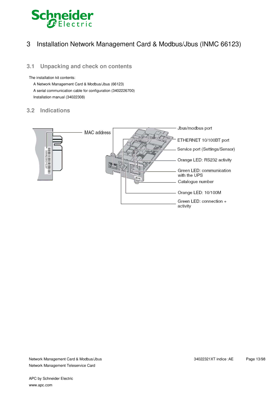 Schneider Electric 66123, 66124 Installation Network Management Card & Modbus/Jbus Inmc, Unpacking and check on contents 