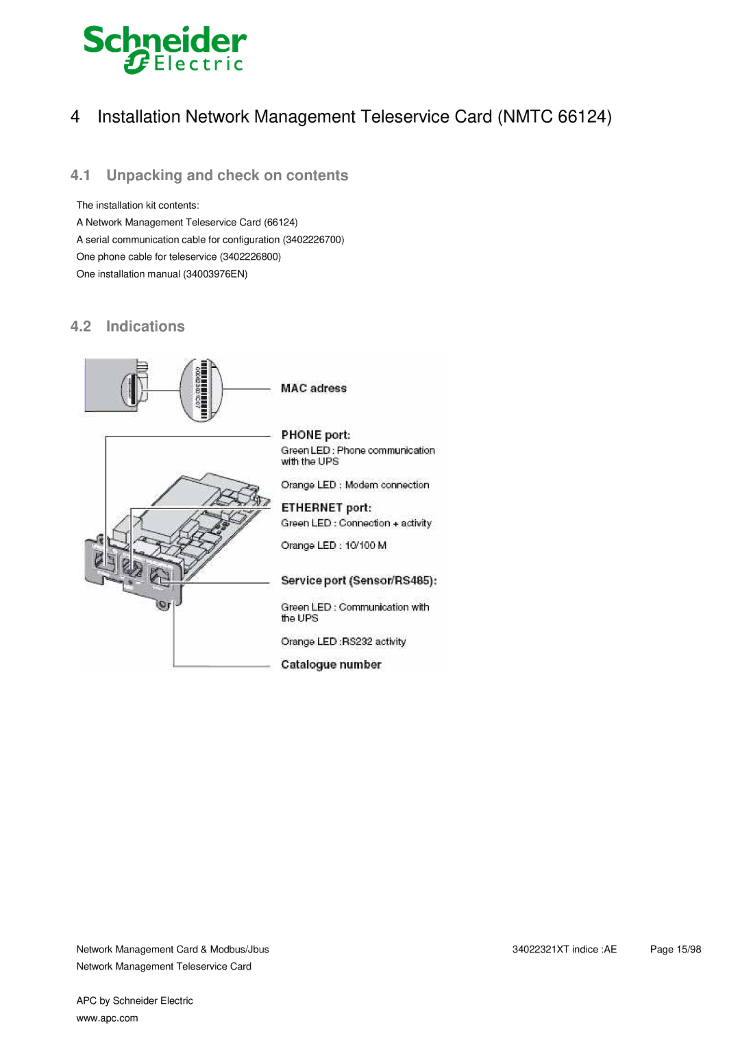 Schneider Electric 66123, 66124 user manual Installation Network Management Teleservice Card Nmtc 