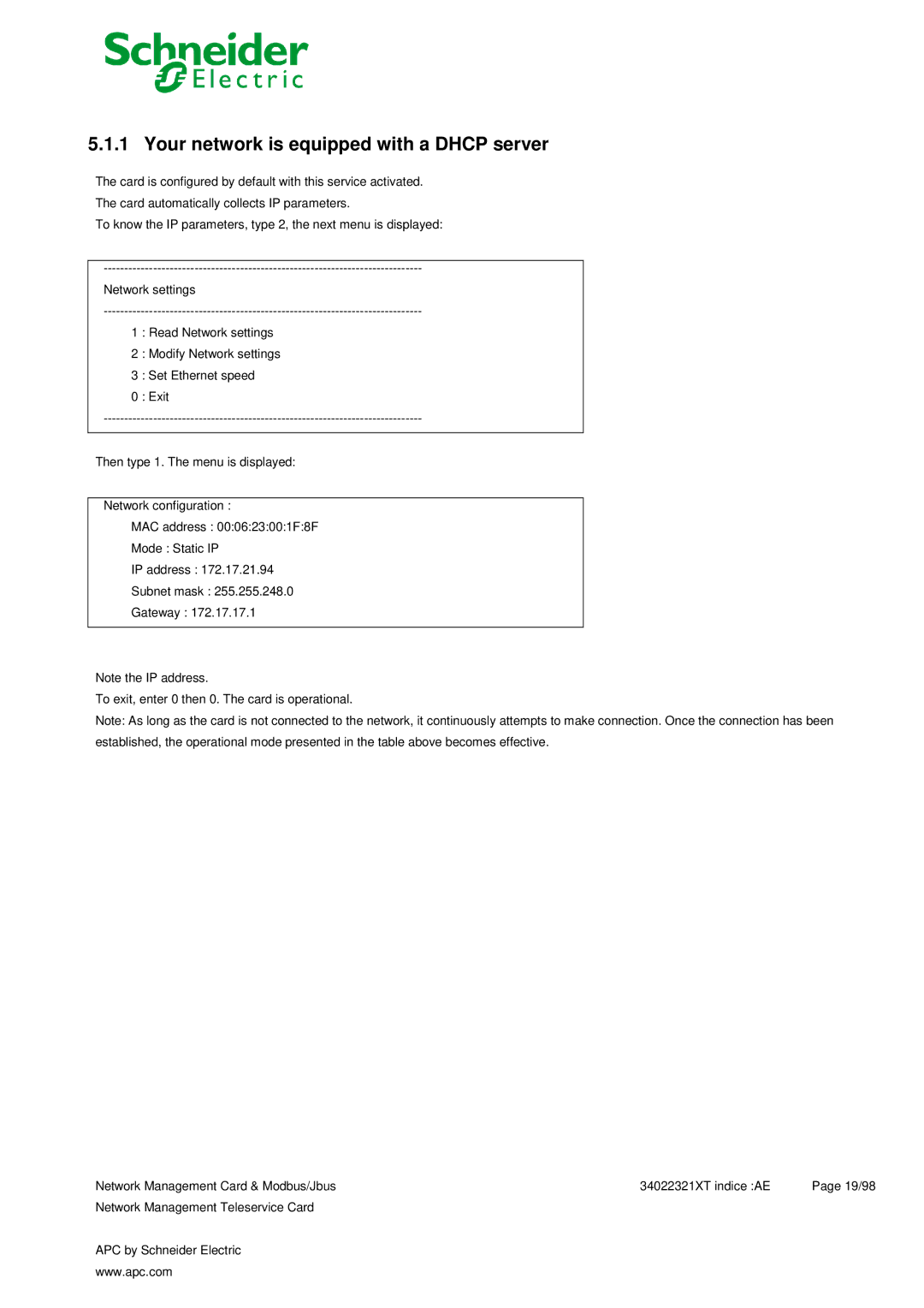 Schneider Electric 66123, 66124 user manual Your network is equipped with a Dhcp server 