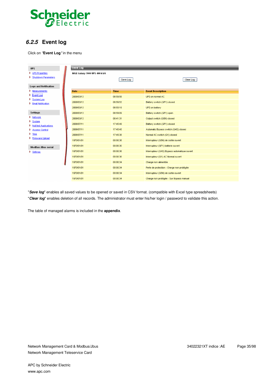 Schneider Electric 66123, 66124 user manual Event log, Click on Event Log in the menu 