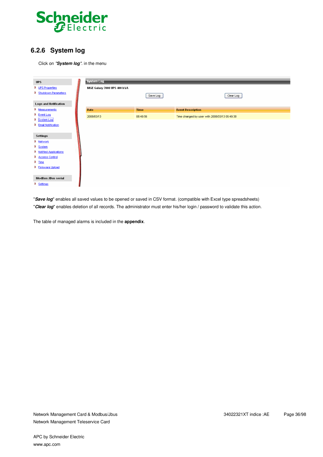 Schneider Electric 66124, 66123 user manual Click on System log. in the menu 