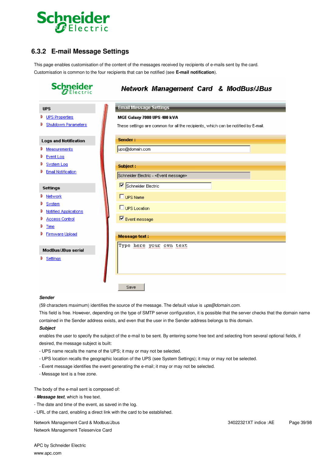 Schneider Electric 66123, 66124 user manual Mail Message Settings, Sender 