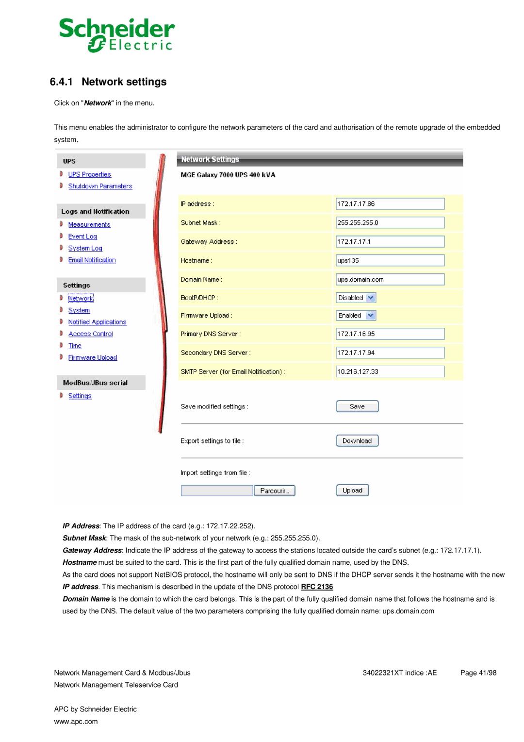 Schneider Electric 66123, 66124 user manual Network settings 