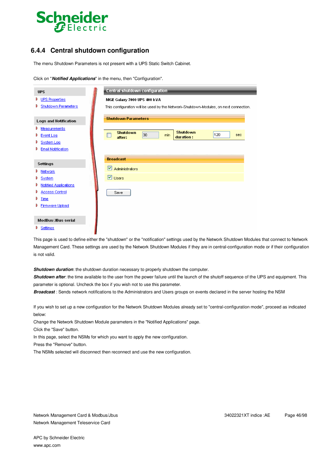 Schneider Electric 66124, 66123 user manual Central shutdown configuration 