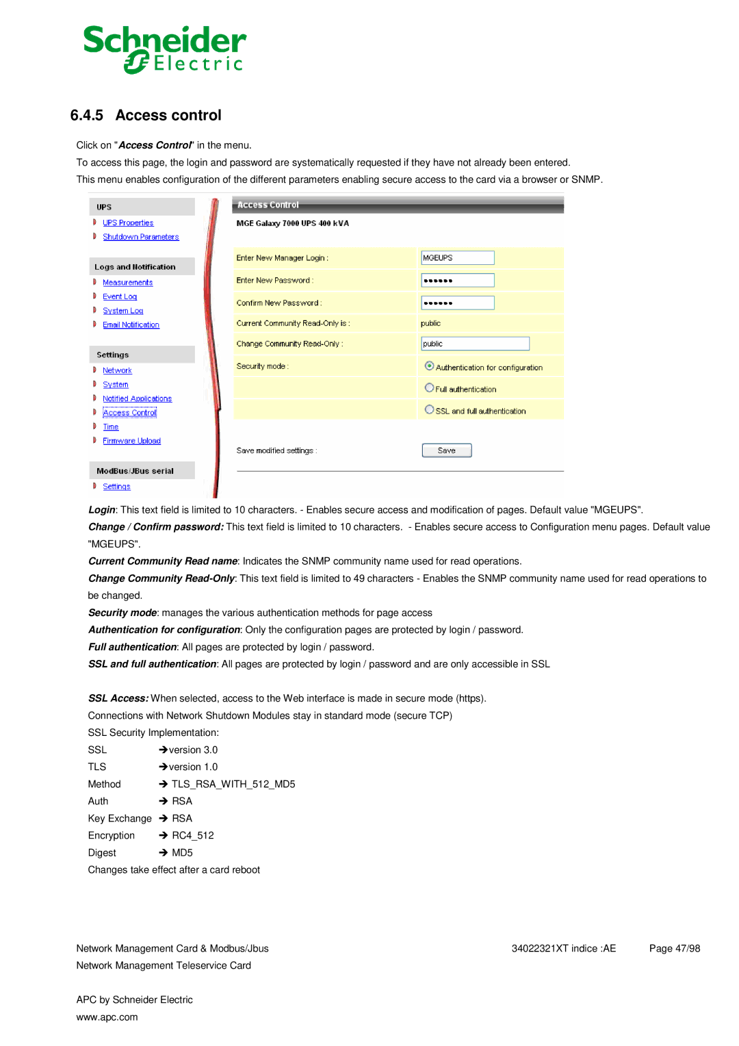 Schneider Electric 66123, 66124 user manual Access control, Tls, TLSRSAWITH512MD5 