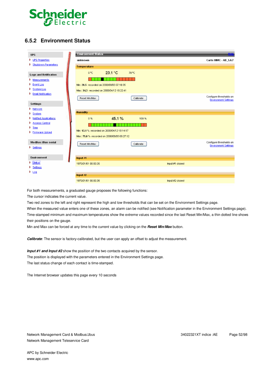 Schneider Electric 66124, 66123 user manual Environment Status 