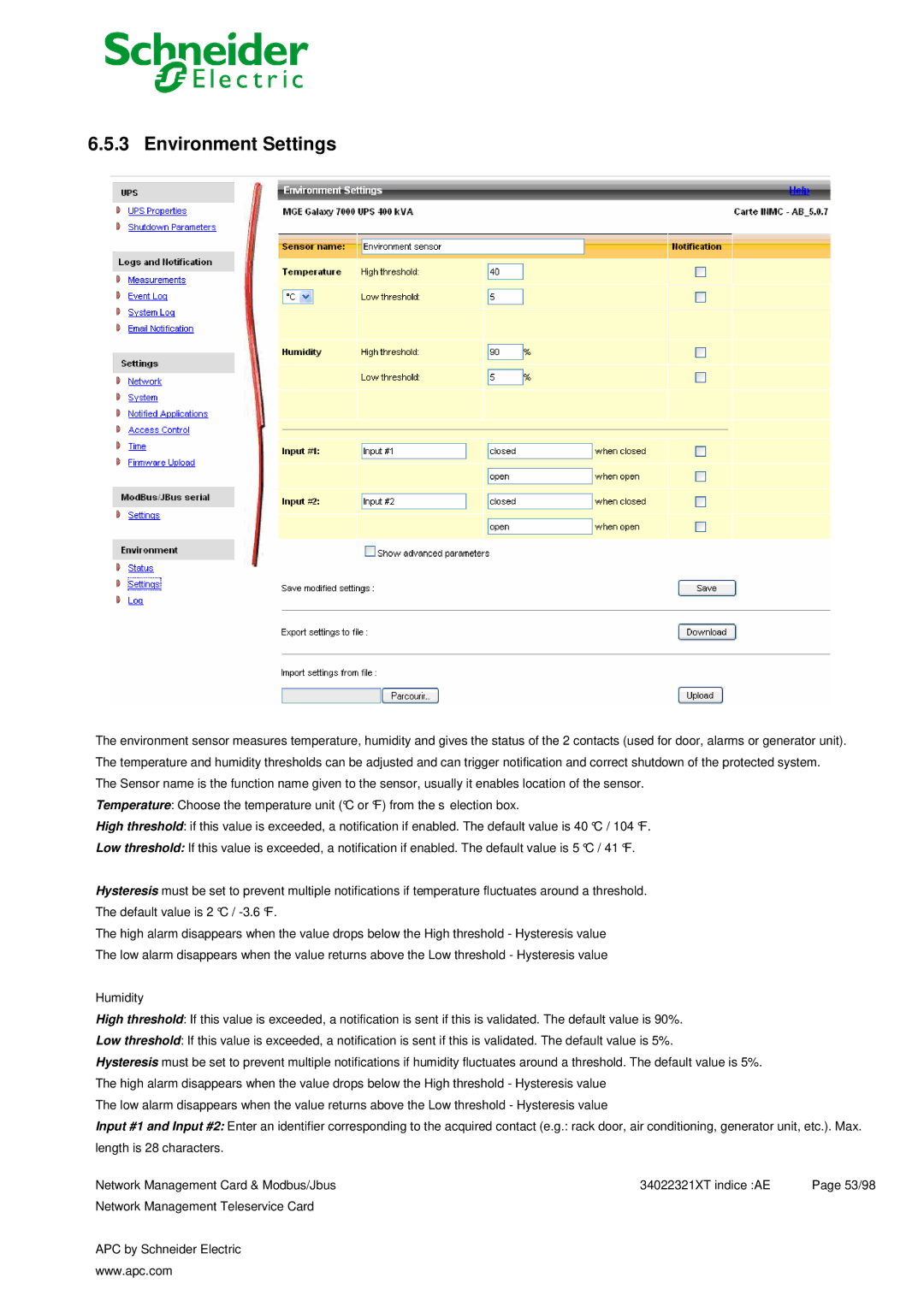 Schneider Electric 66123, 66124 user manual Environment Settings 