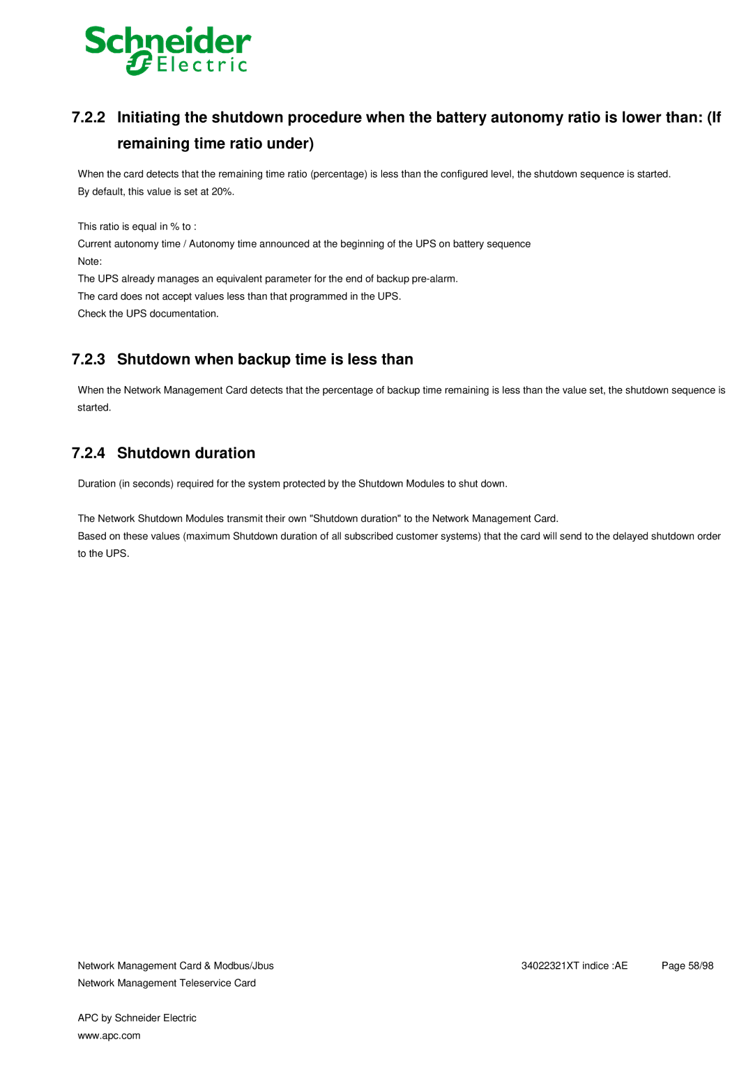 Schneider Electric 66124, 66123 user manual Shutdown when backup time is less than, Shutdown duration 