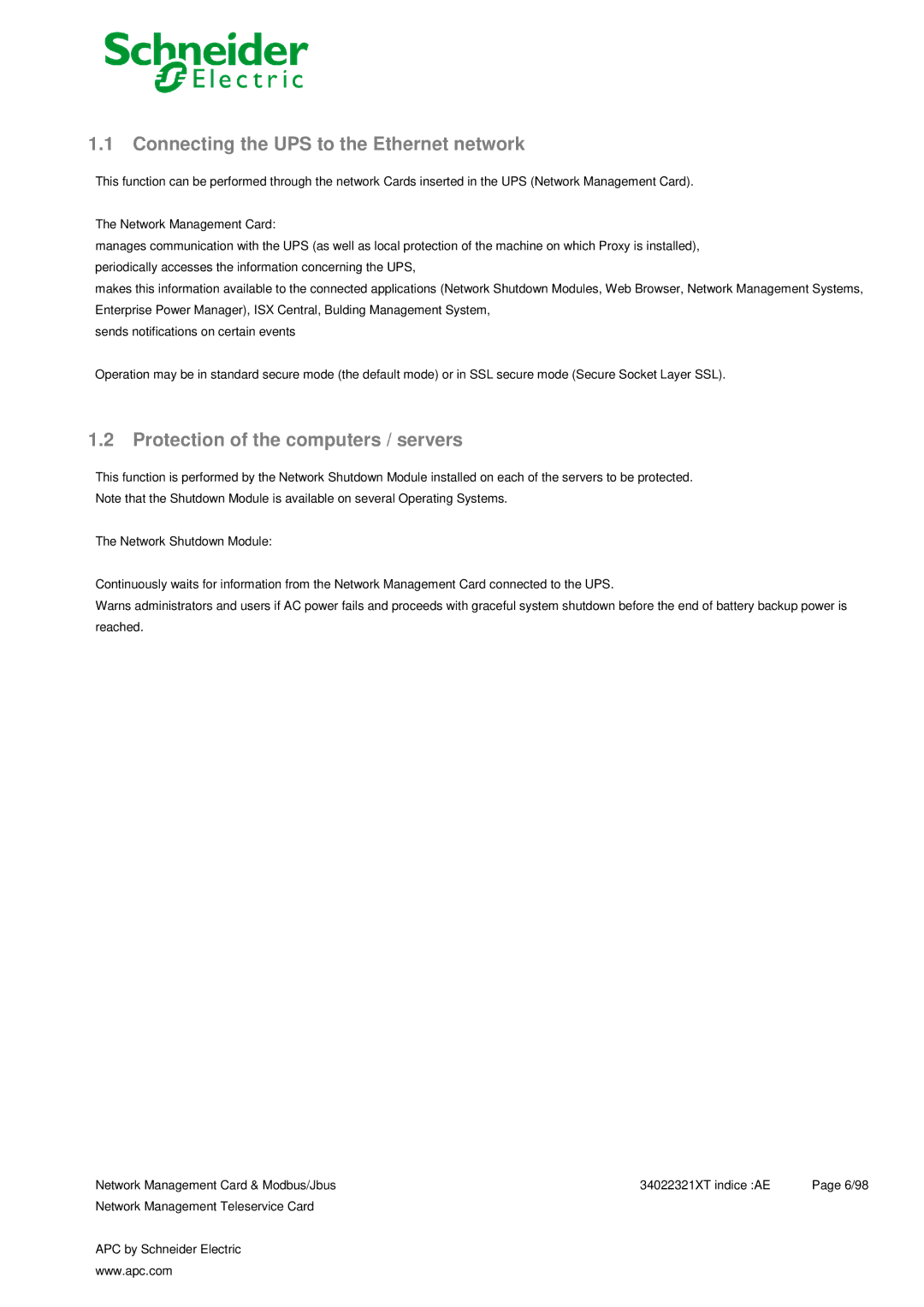 Schneider Electric 66124, 66123 Connecting the UPS to the Ethernet network, Protection of the computers / servers 