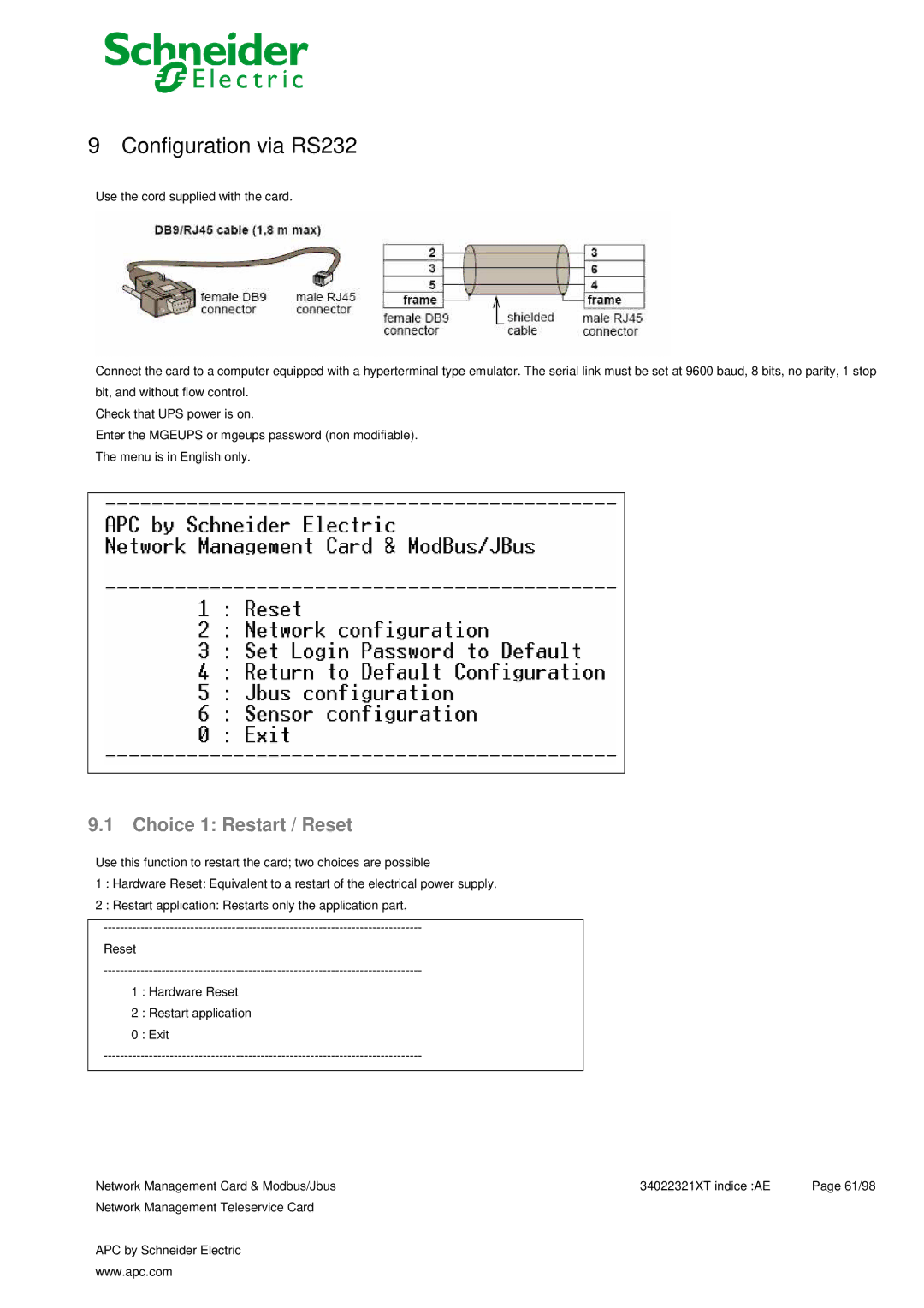 Schneider Electric 66123, 66124 user manual Configuration via RS232, Choice 1 Restart / Reset 