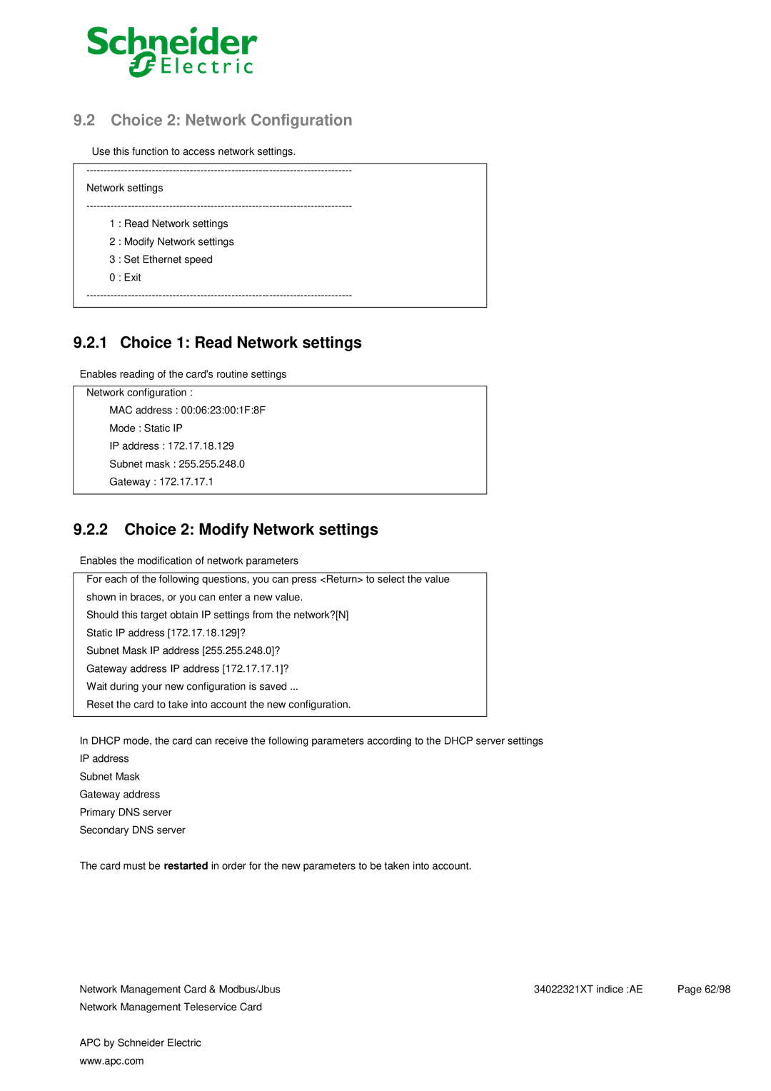 Schneider Electric 66124 Choice 2 Network Configuration, Choice 1 Read Network settings, Choice 2 Modify Network settings 