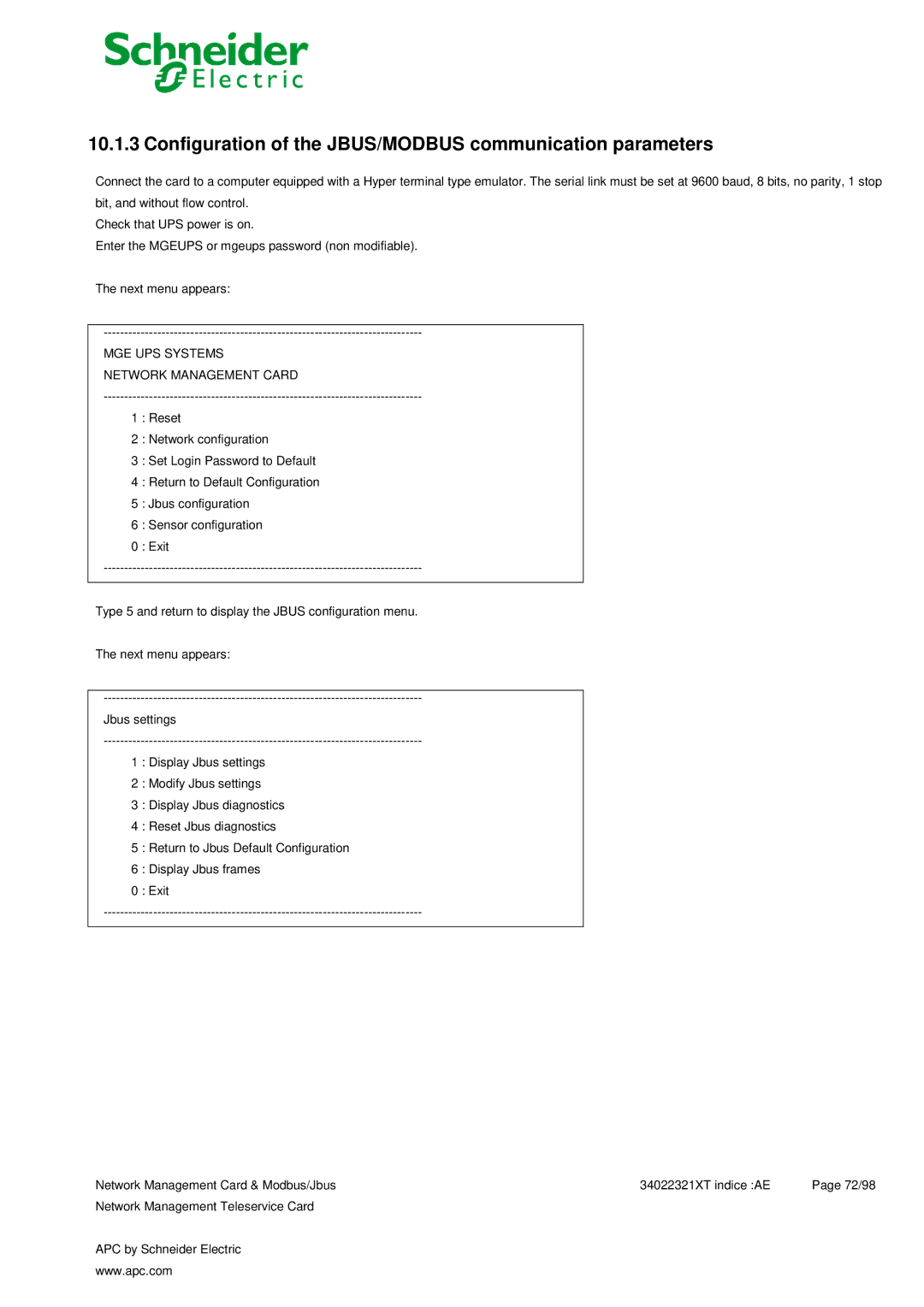 Schneider Electric 66124, 66123 user manual Configuration of the JBUS/MODBUS communication parameters 