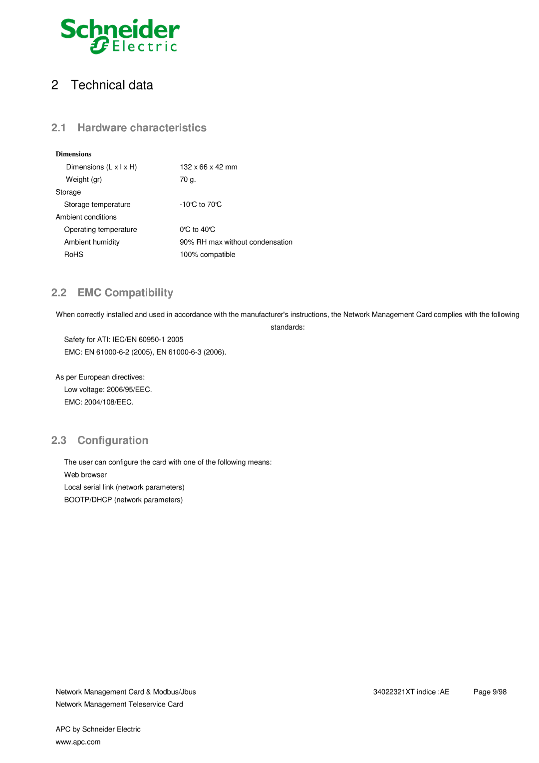 Schneider Electric 66123, 66124 user manual Technical data, Hardware characteristics, EMC Compatibility, Configuration 