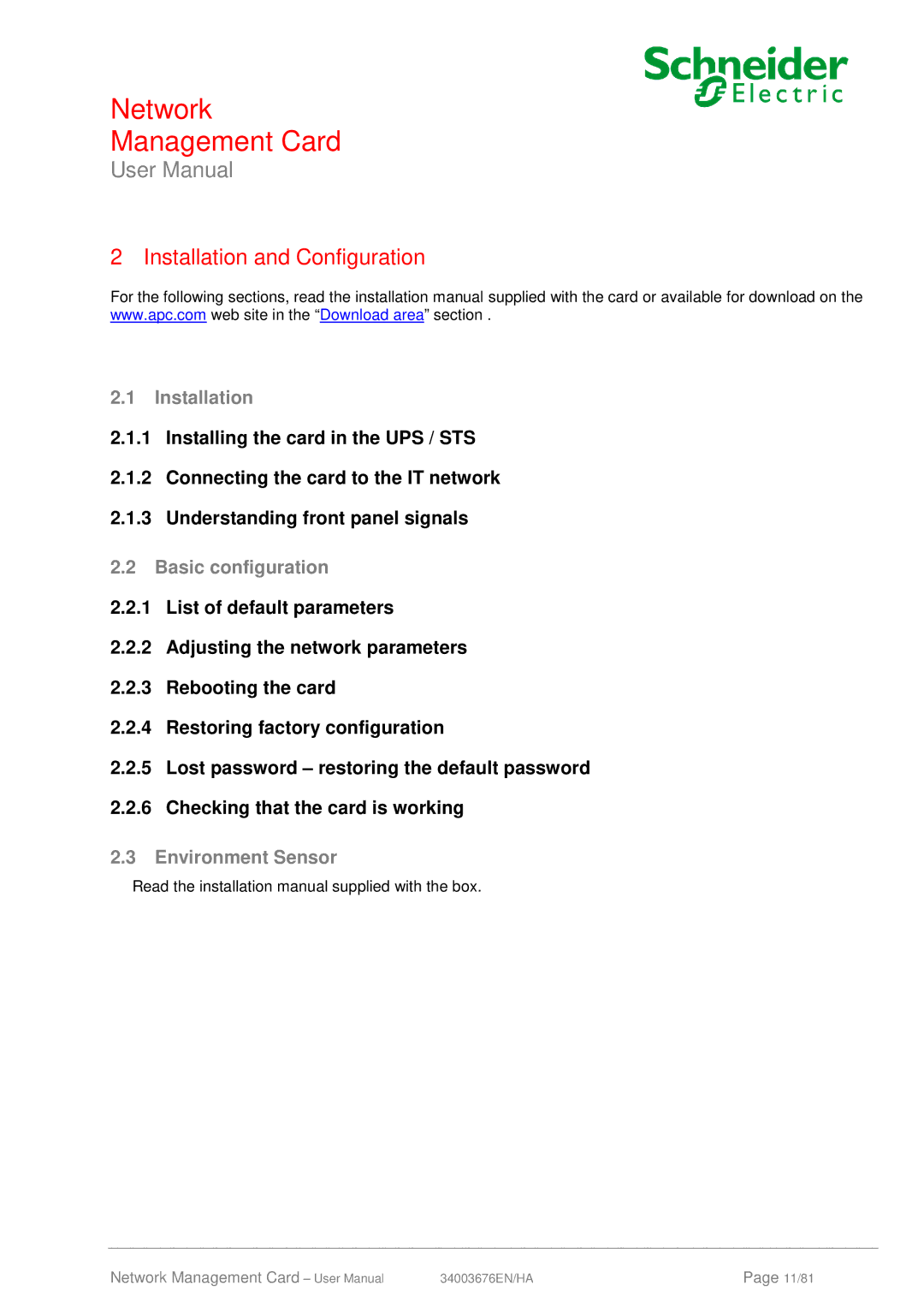 Schneider Electric 66074, 66846 user manual Installation, Basic configuration, Environment Sensor 