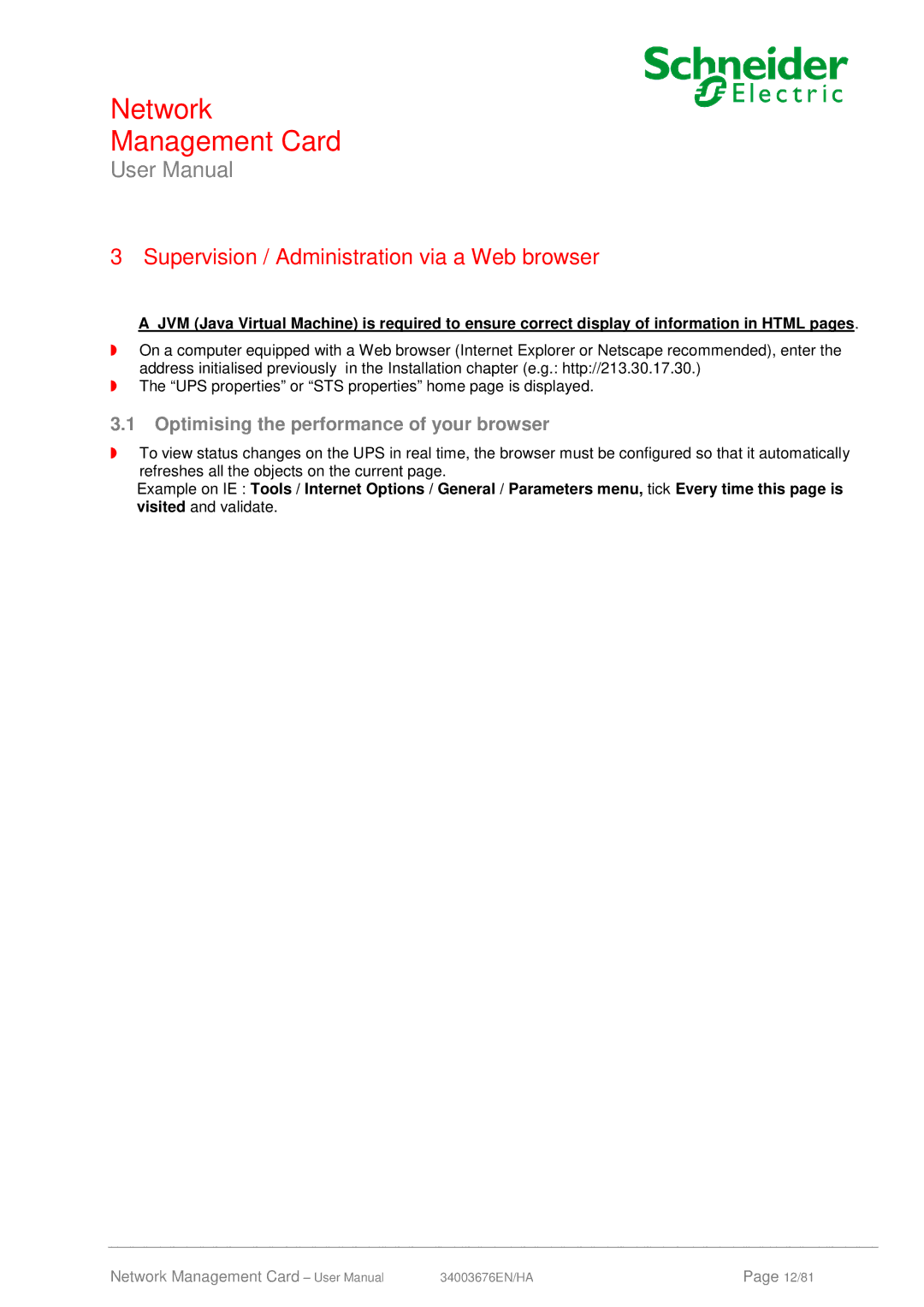Schneider Electric 66846, 66074 Supervision / Administration via a Web browser, Optimising the performance of your browser 