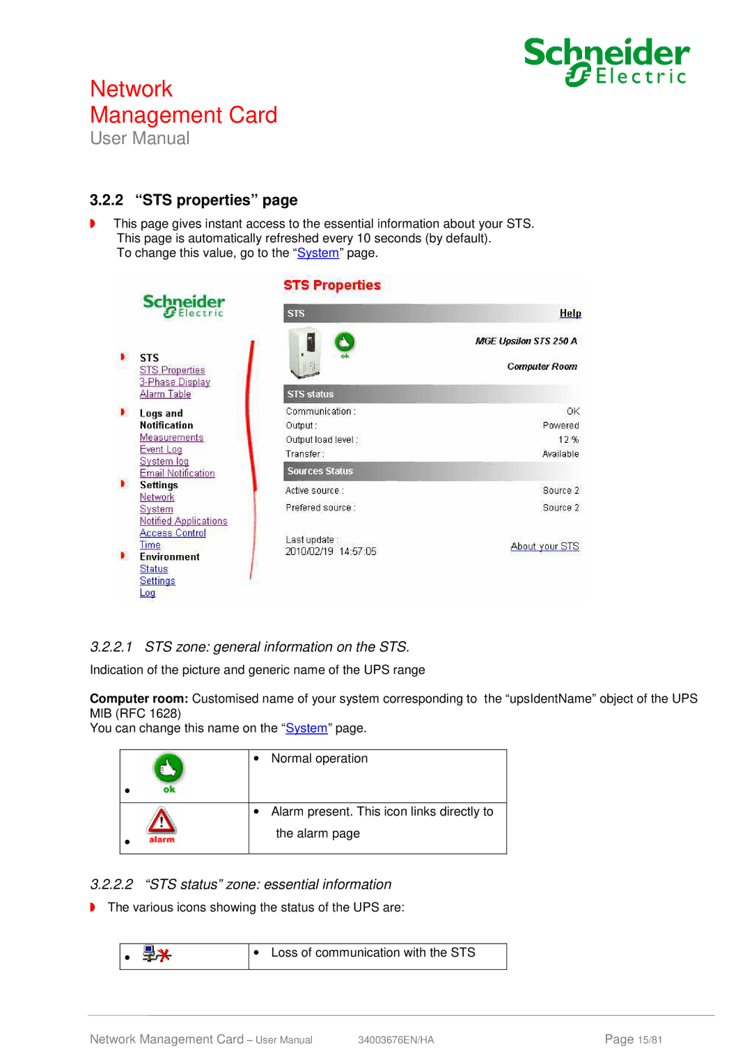 Schneider Electric 66074 STS properties, STS zone general information on the STS, STS status zone essential information 