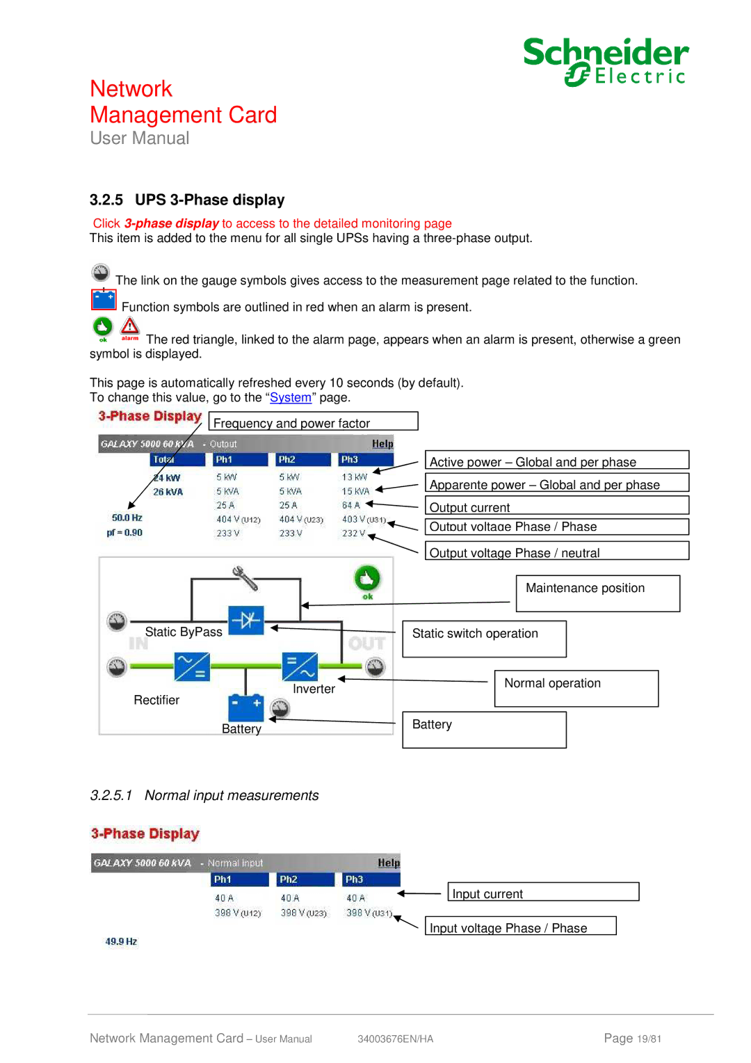 Schneider Electric 66074, 66846 user manual UPS 3-Phase display, Normal input measurements 