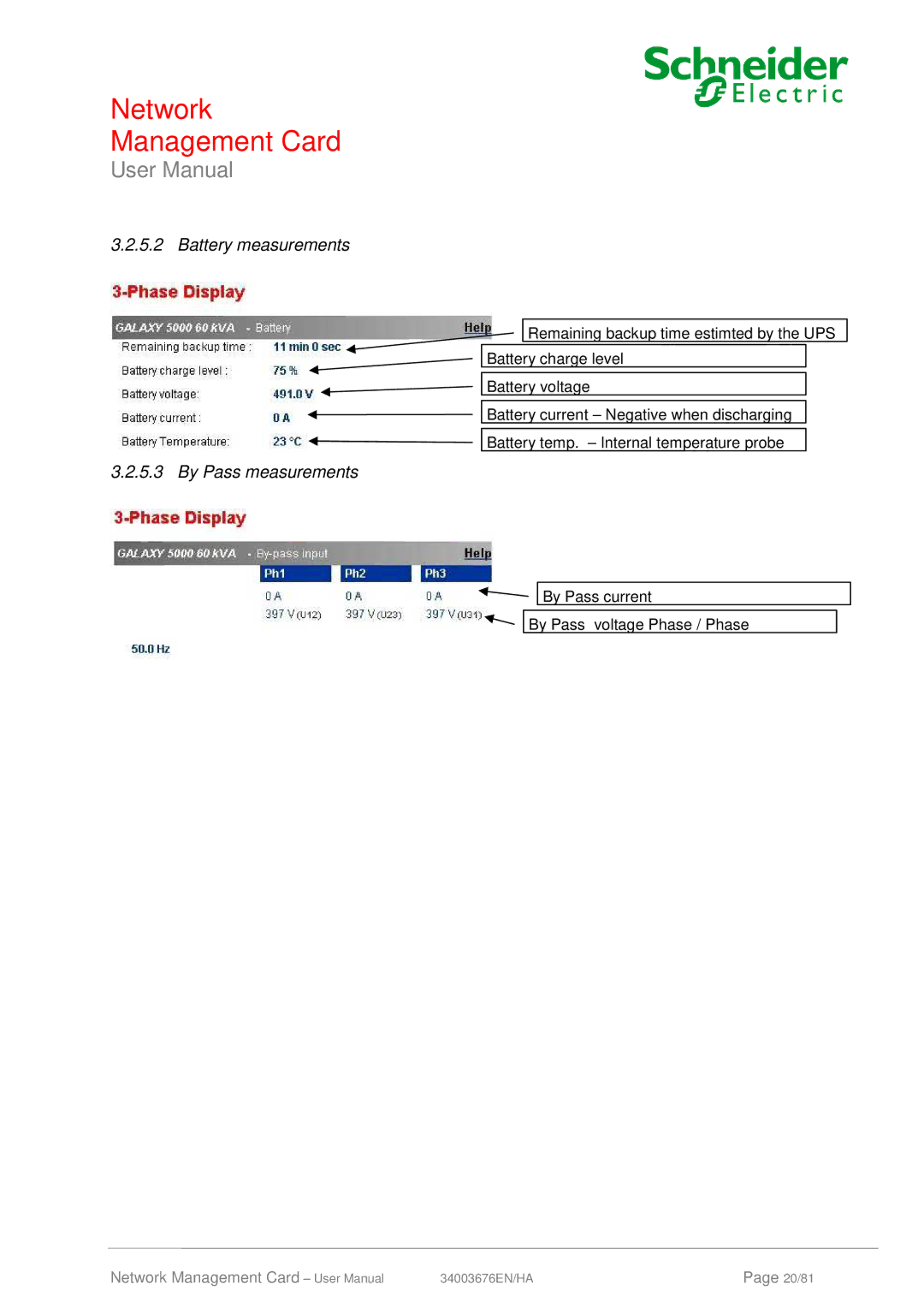 Schneider Electric 66846, 66074 user manual Battery measurements, By Pass measurements 