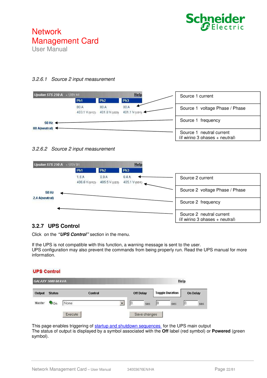 Schneider Electric 66846, 66074 user manual UPS Control, Source 2 input measurement 