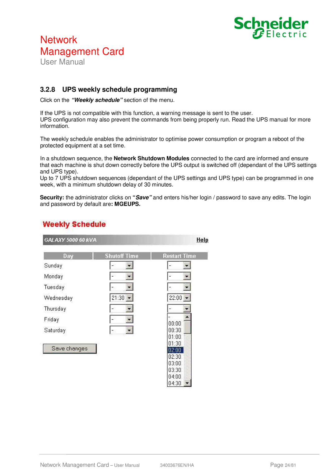 Schneider Electric 66846, 66074 user manual UPS weekly schedule programming 