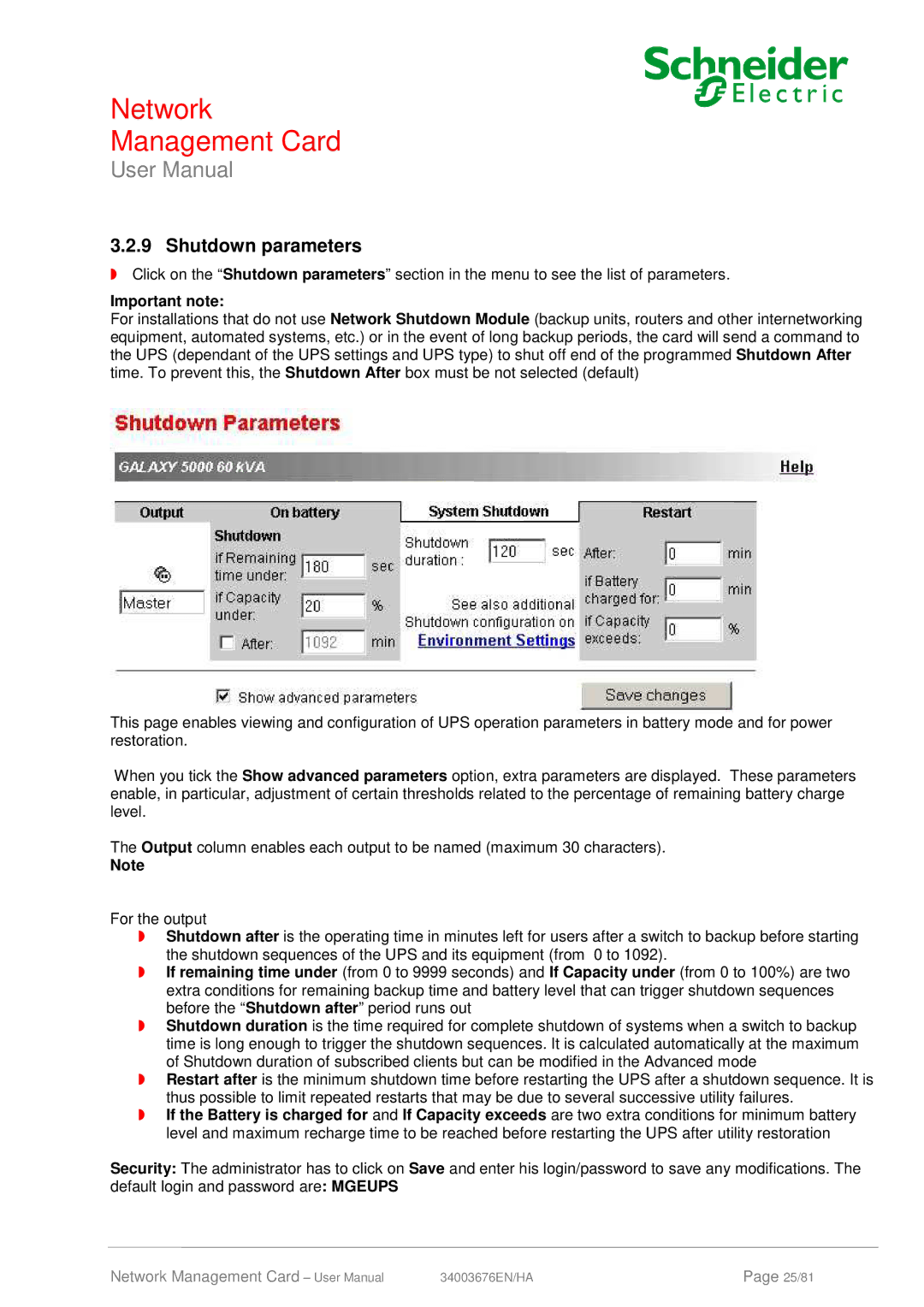 Schneider Electric 66074, 66846 user manual Shutdown parameters, Important note 