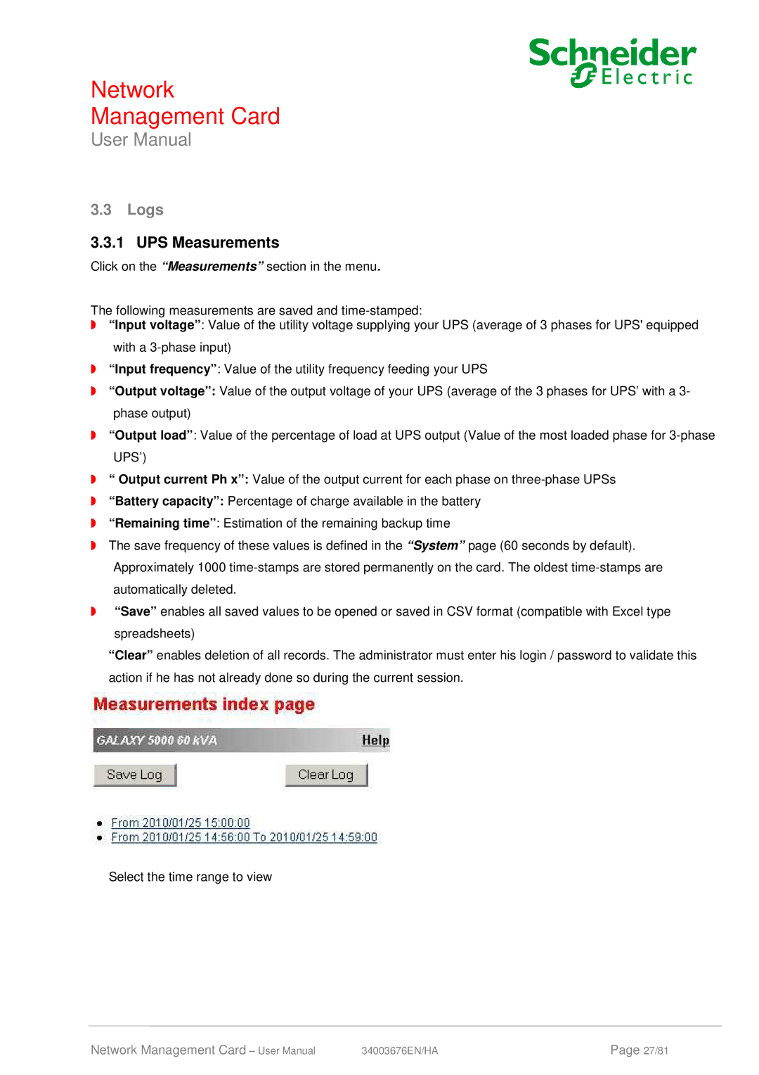 Schneider Electric 66074, 66846 user manual Logs, UPS Measurements 