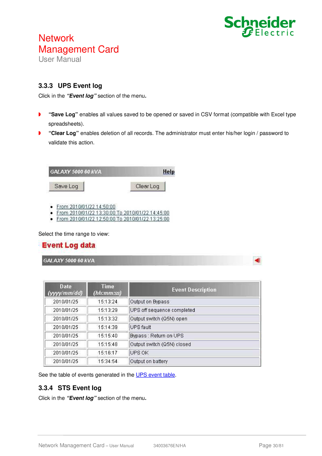 Schneider Electric 66846, 66074 user manual UPS Event log, STS Event log 