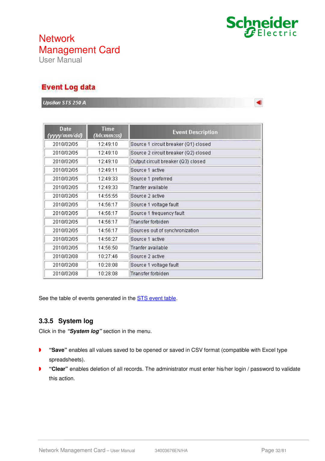 Schneider Electric 66846, 66074 user manual System log 