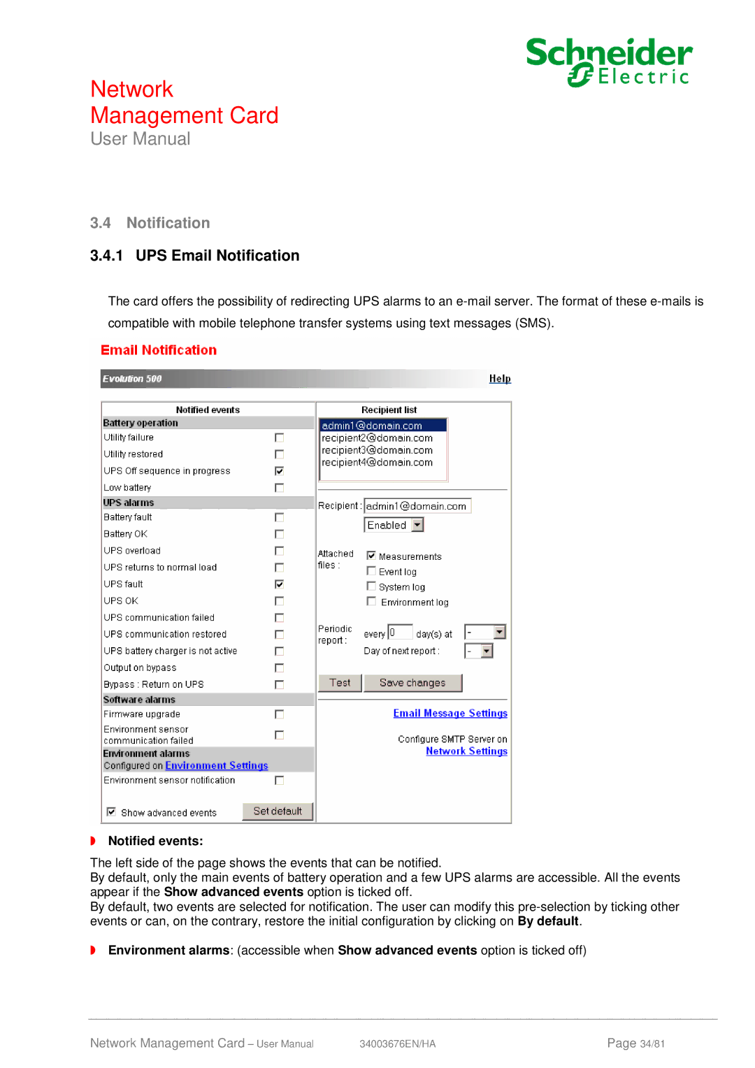 Schneider Electric 66846, 66074 user manual UPS Email Notification, Notified events 