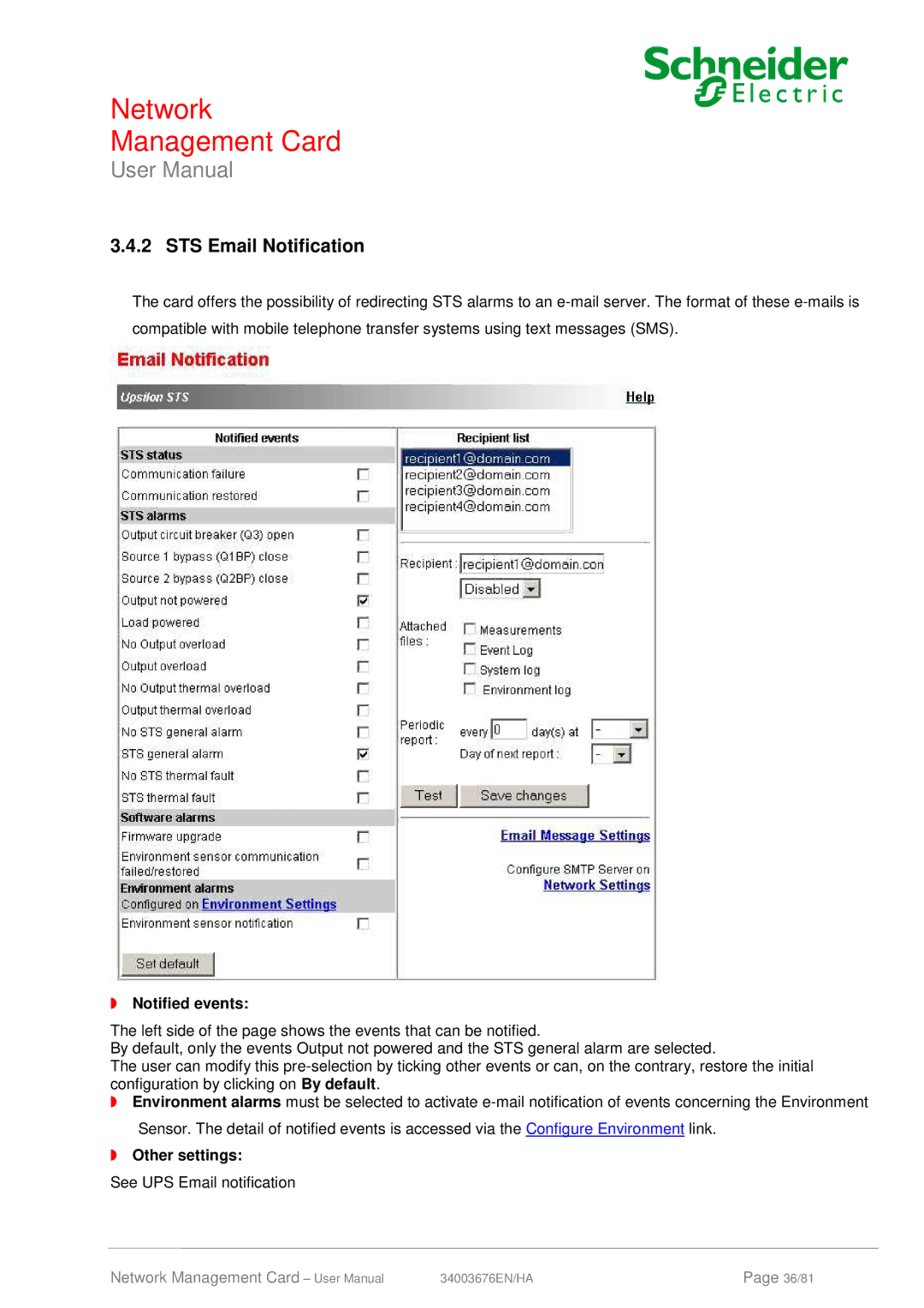 Schneider Electric 66846, 66074 user manual STS Email Notification, Other settings 