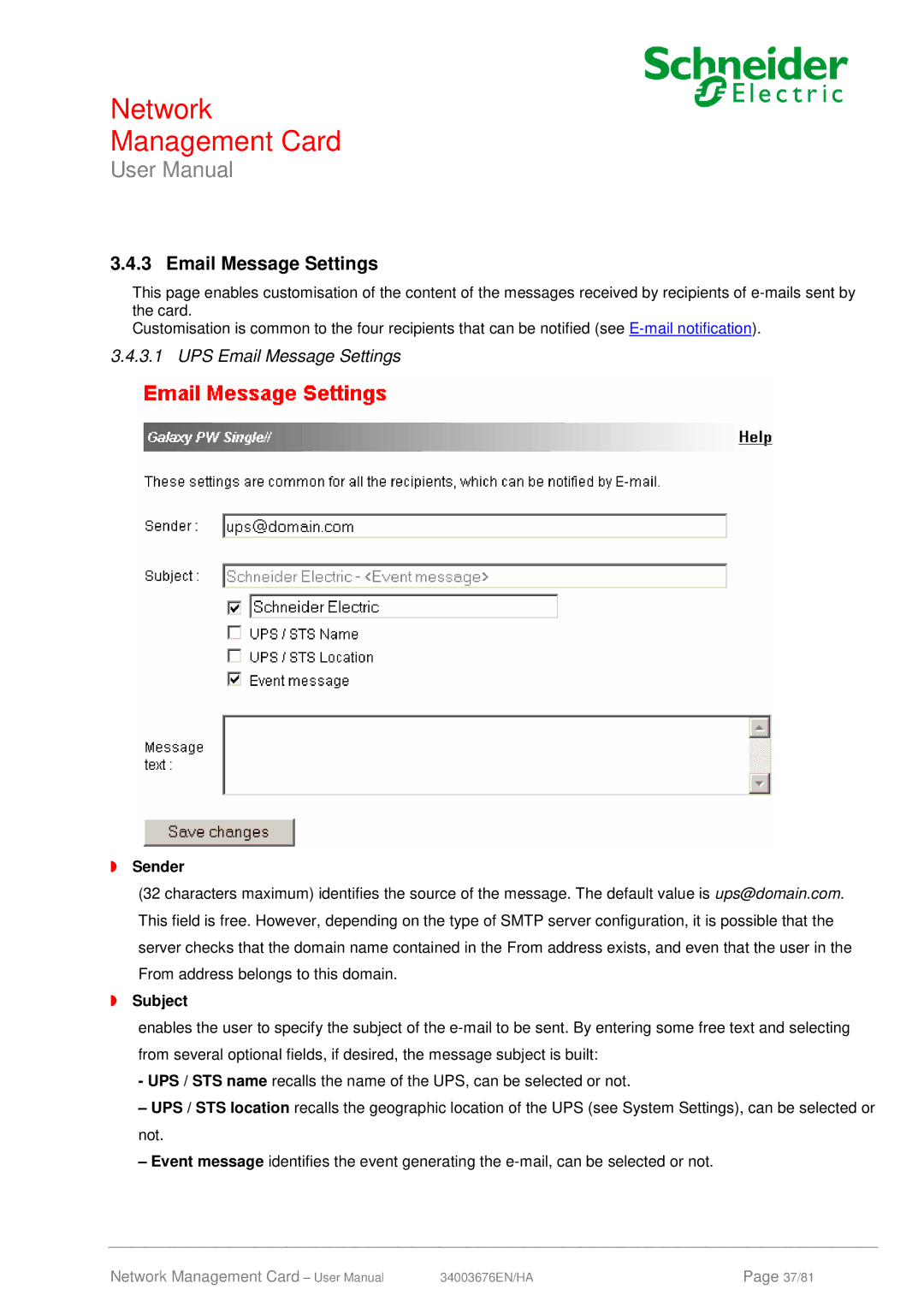 Schneider Electric 66074, 66846 user manual UPS Email Message Settings, Sender, Subject 