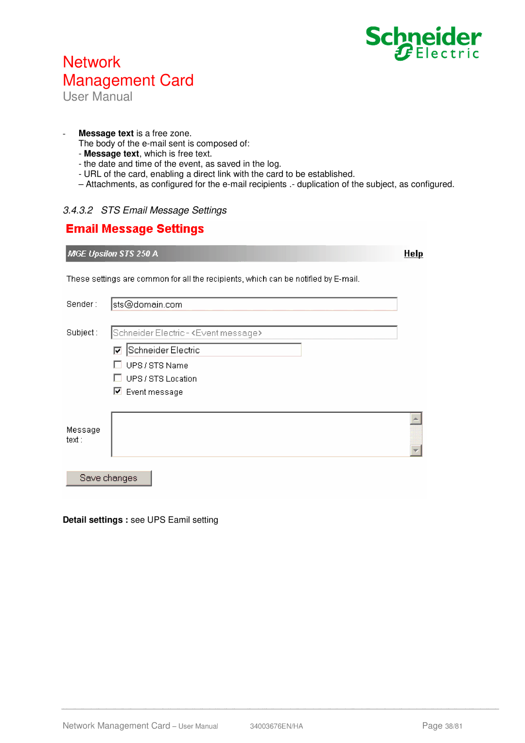 Schneider Electric 66846, 66074 user manual STS Email Message Settings 