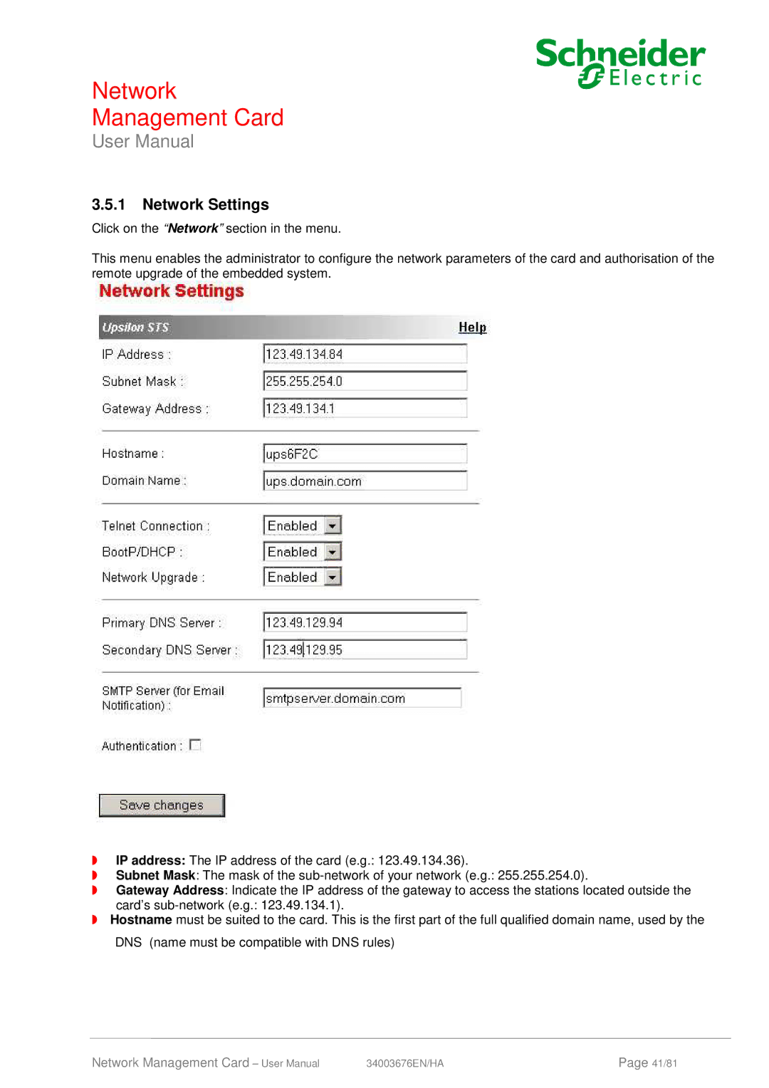 Schneider Electric 66074, 66846 user manual Network Settings 