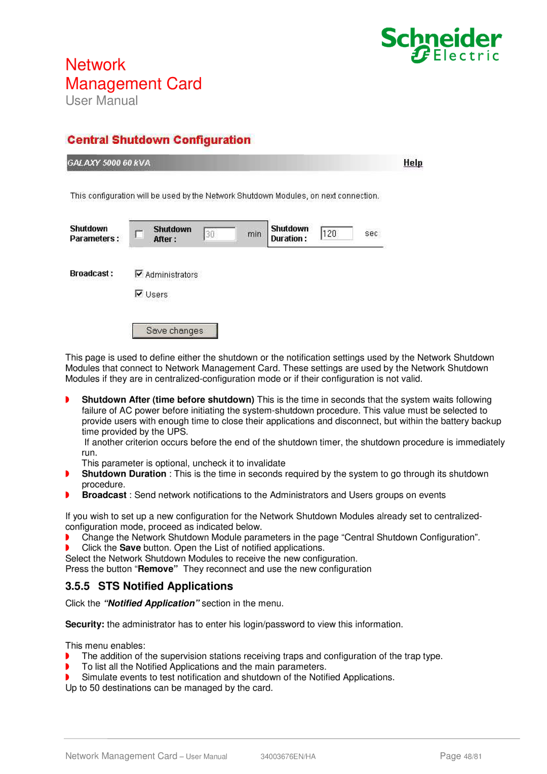 Schneider Electric 66846, 66074 user manual STS Notified Applications 