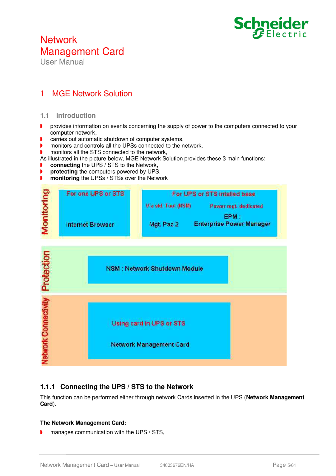 Schneider Electric 66074, 66846 user manual Introduction, Connecting the UPS / STS to the Network, Network Management Card 