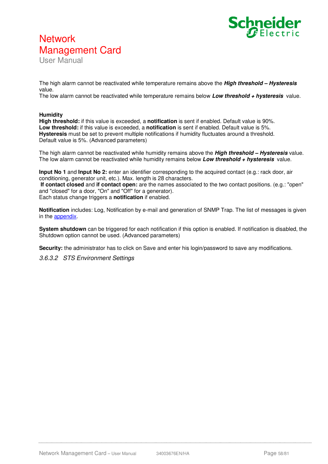 Schneider Electric 66846, 66074 user manual STS Environment Settings, Humidity 