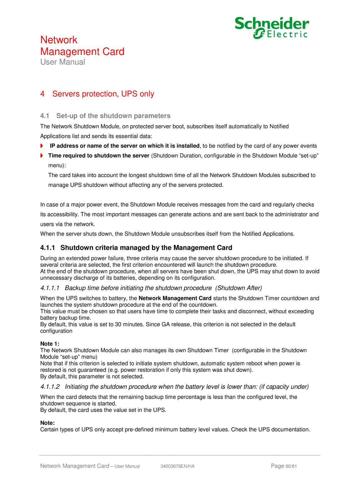 Schneider Electric 66846, 66074 Set-up of the shutdown parameters, Shutdown criteria managed by the Management Card 