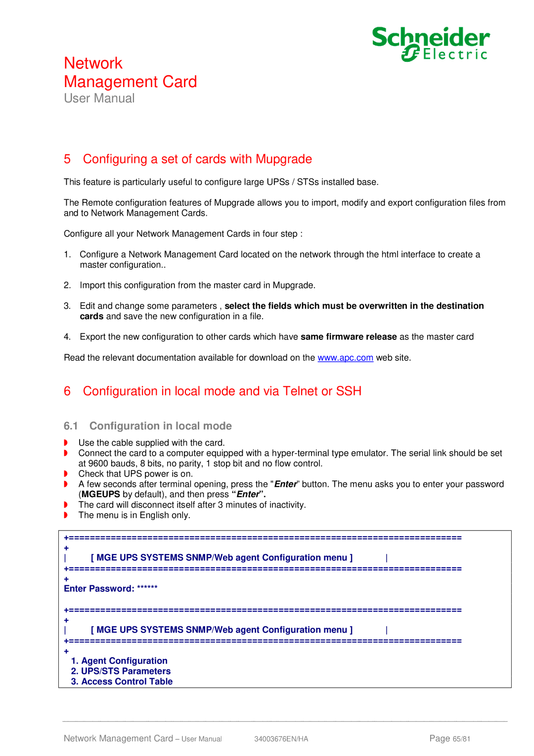 Schneider Electric 66074, 66846 user manual Configuring a set of cards with Mupgrade, Configuration in local mode 