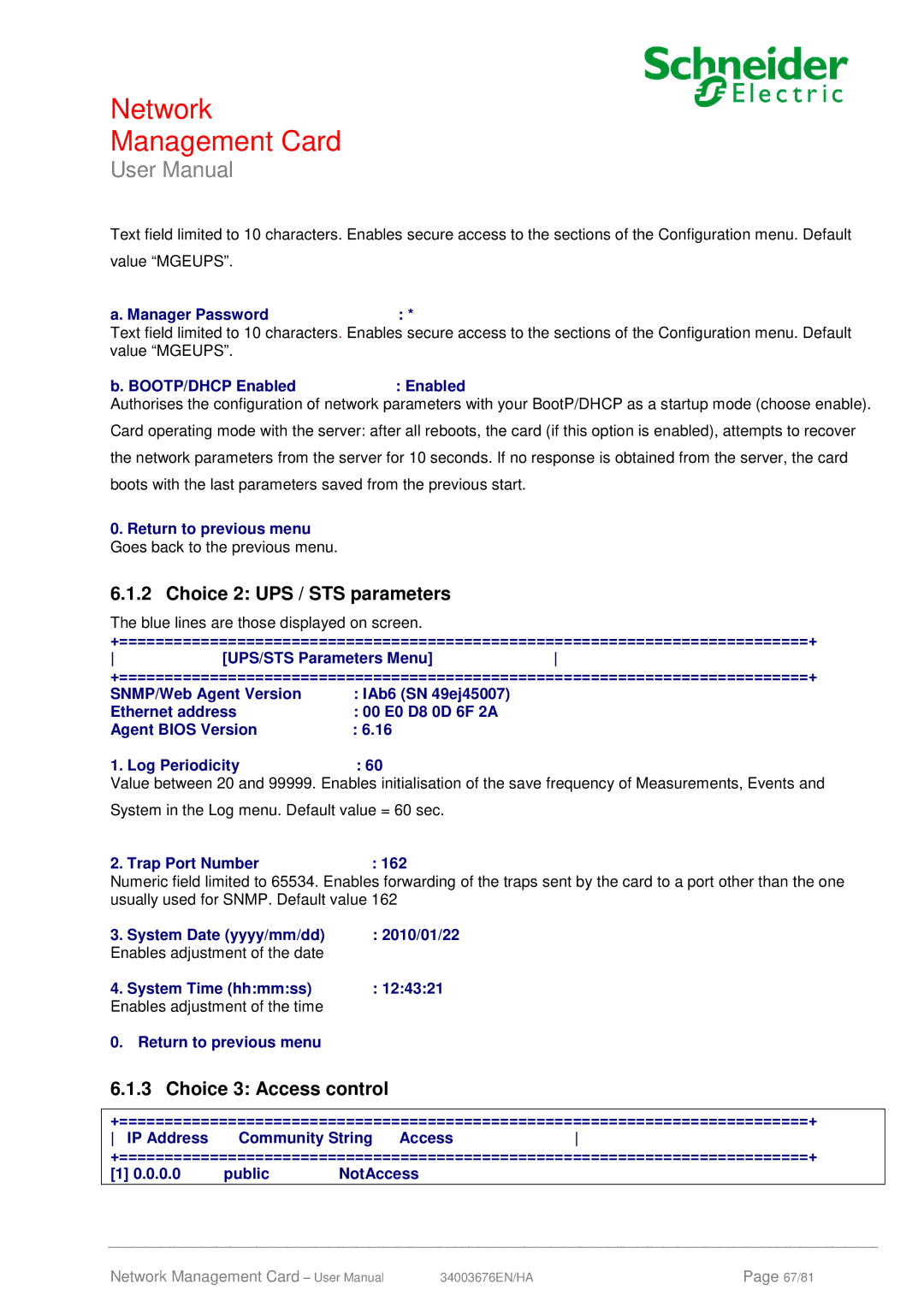 Schneider Electric 66074, 66846 user manual Choice 2 UPS / STS parameters, Choice 3 Access control 