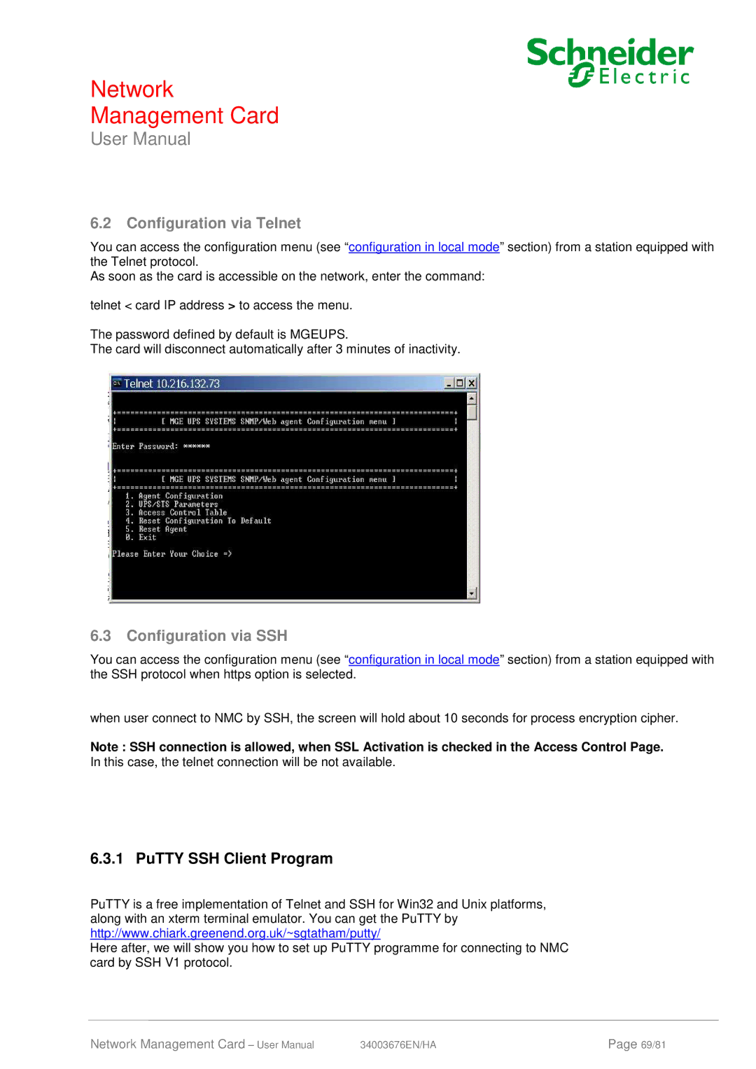 Schneider Electric 66074, 66846 user manual Configuration via Telnet, Configuration via SSH, PuTTY SSH Client Program 