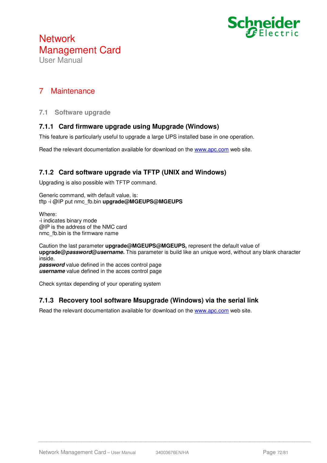 Schneider Electric 66846, 66074 user manual Software upgrade, Card firmware upgrade using Mupgrade Windows 