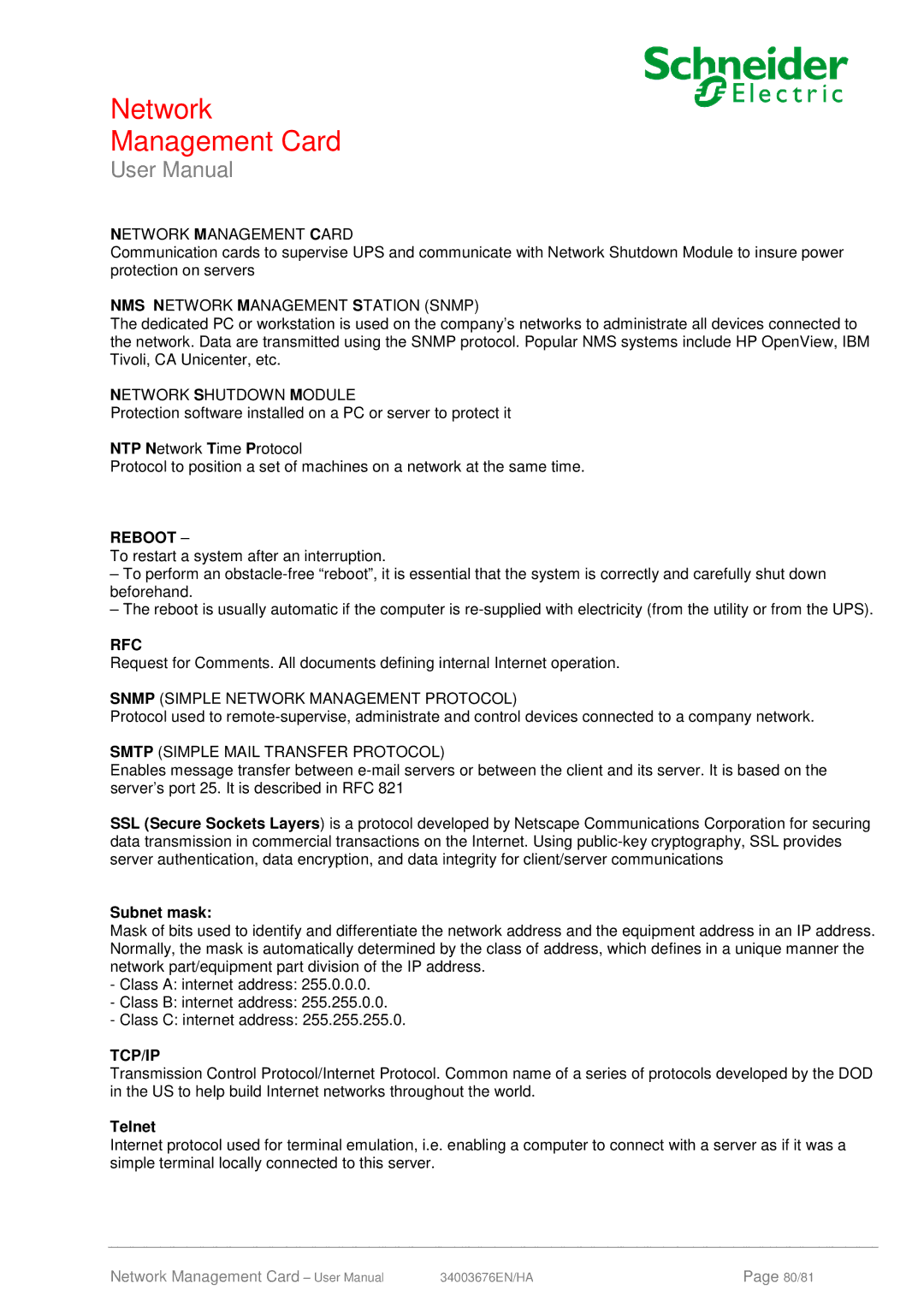 Schneider Electric 66846, 66074 user manual Subnet mask, Telnet 