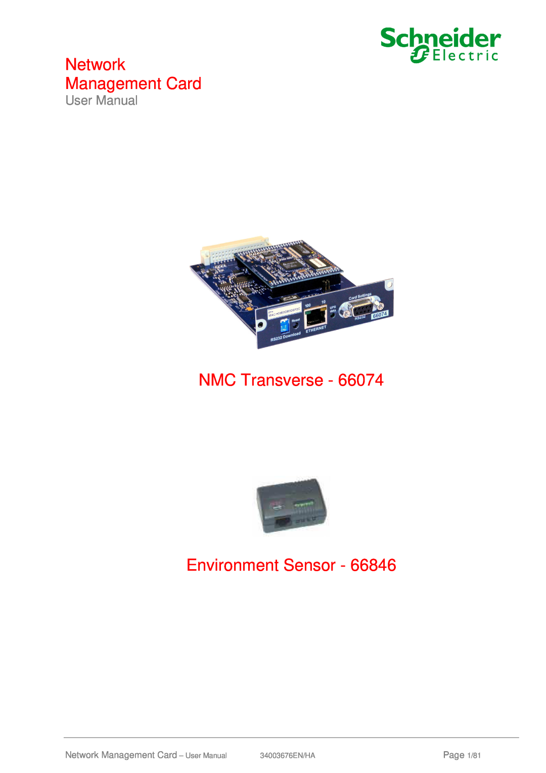 Schneider Electric 66074 user manual Network Management Card, NMC Transverse Environment Sensor, User Manual, Page 1/81 